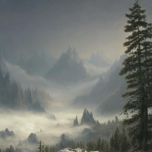 Majestic Mountains Through Fog, Oil Painting