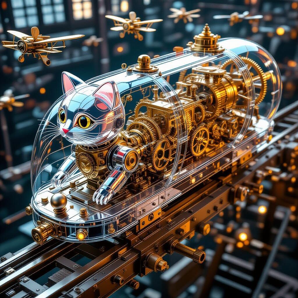 Steampunk Cat Monorail with Intricate Automaton Mechanism