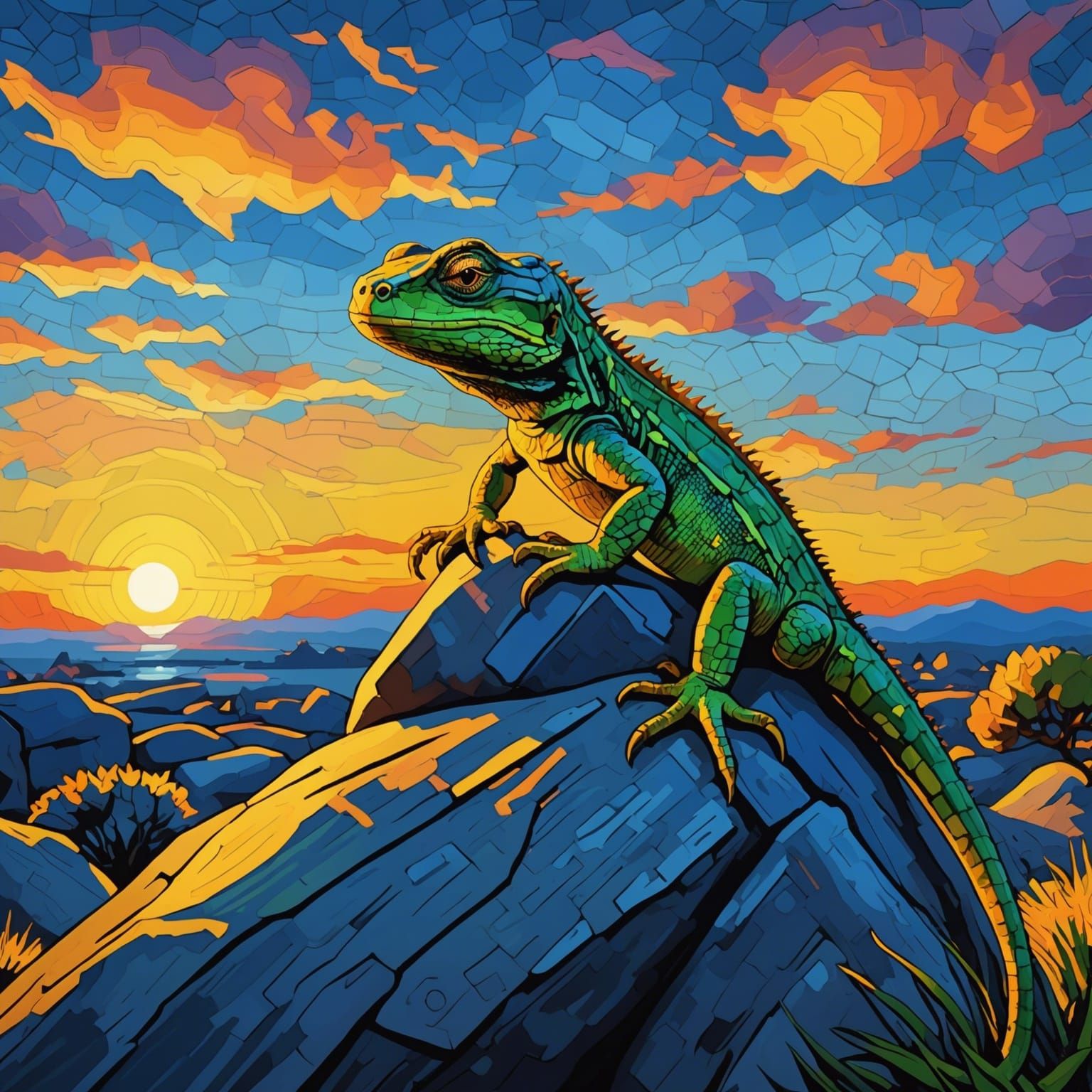 Lizard on Rock at Sunset: Van Gogh Style