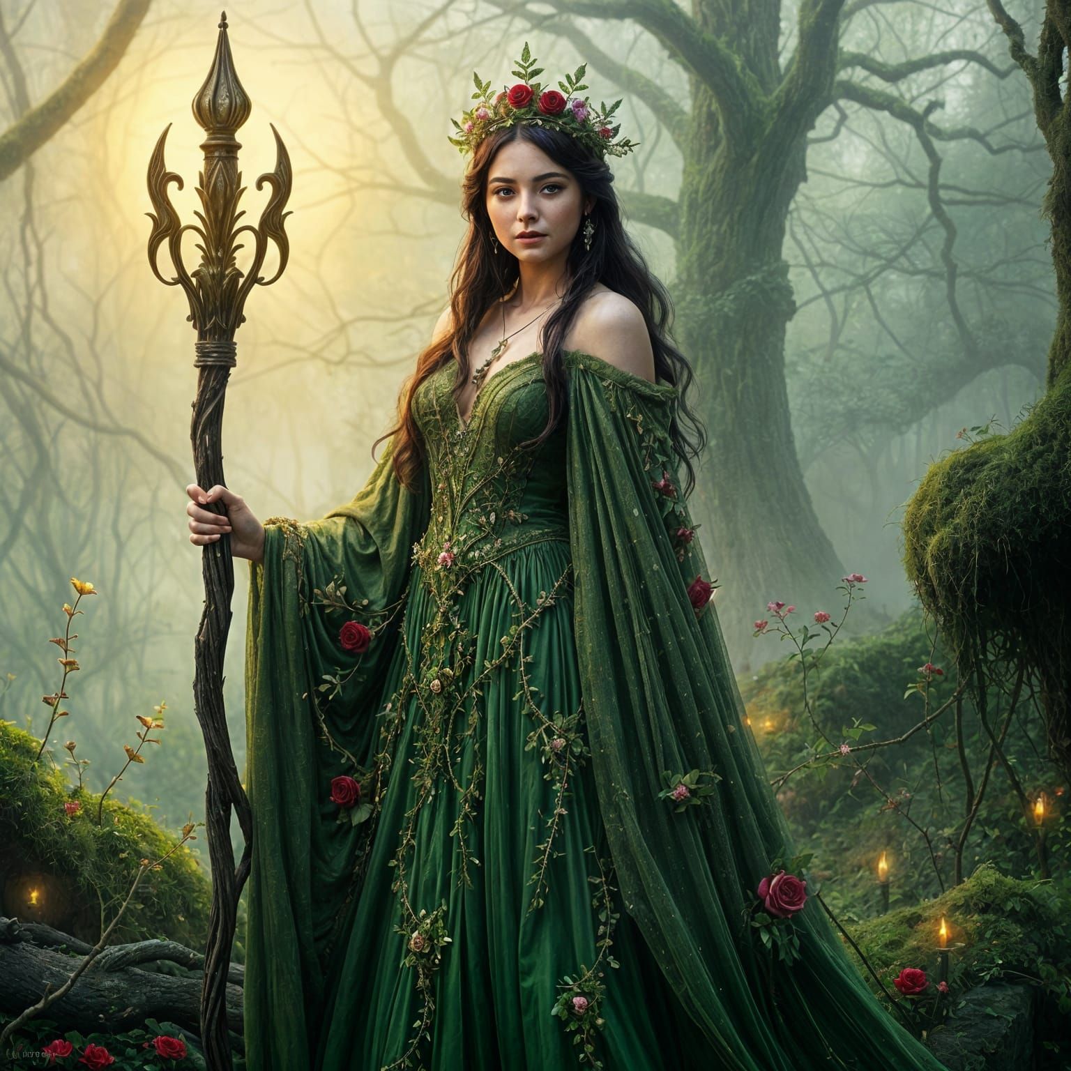 Ethereal Fantasy Earth Queen in Moss and Rose Thorns Attire