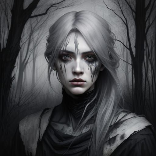 Expressionistic Charcoal Sketch of Pale Woman in Forest