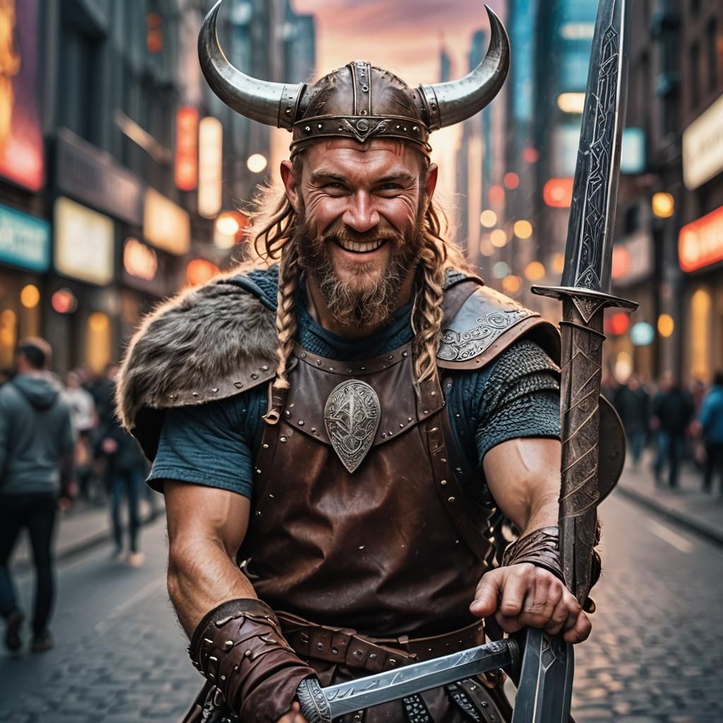 Viking Warrior Portrait in Futuristic City