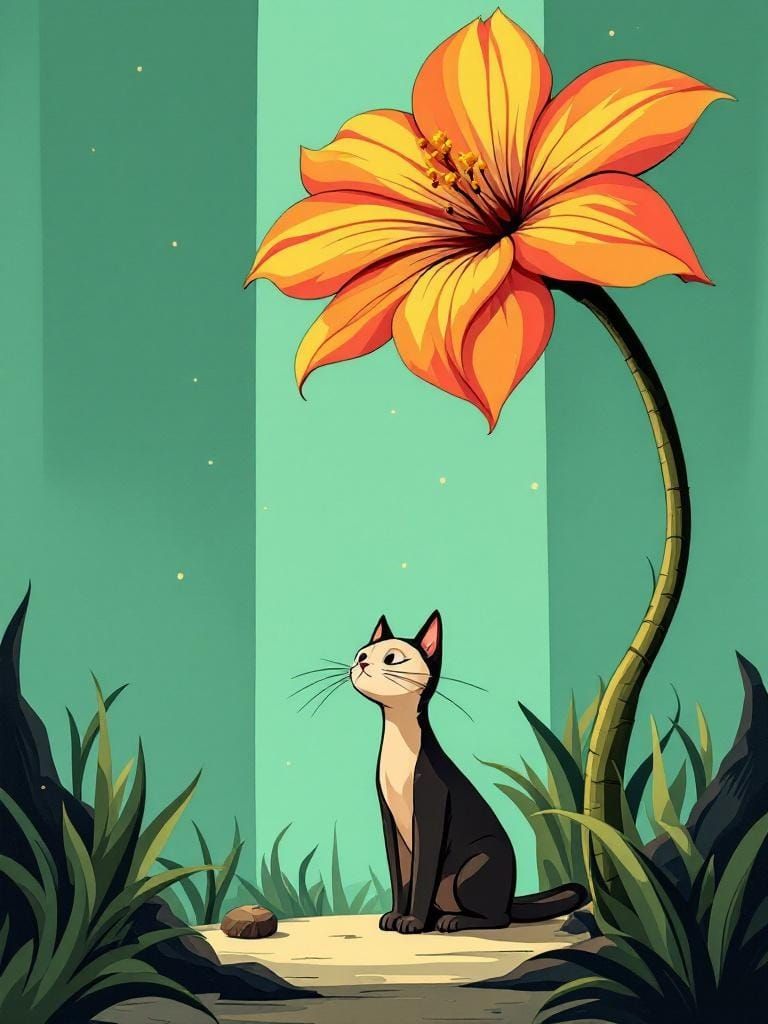 Animated Cat Under Flower, Polynesian Tiki Art