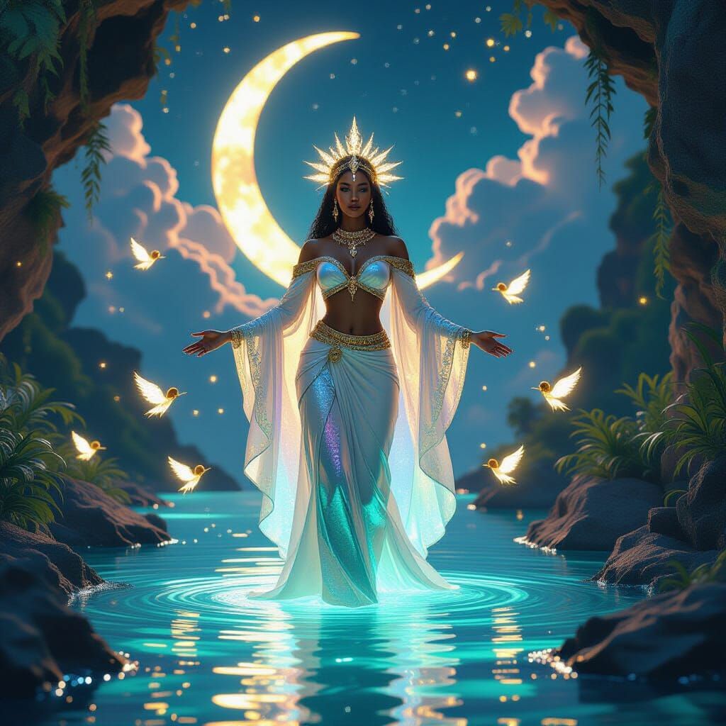 Bioluminescent Nubian Deity in Cenote, Hyperrealistic 3D