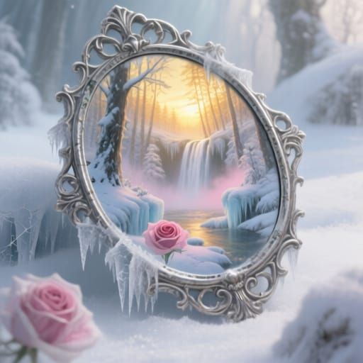 Gothic Hand Mirror Reflecting Icy Forest at Sunset