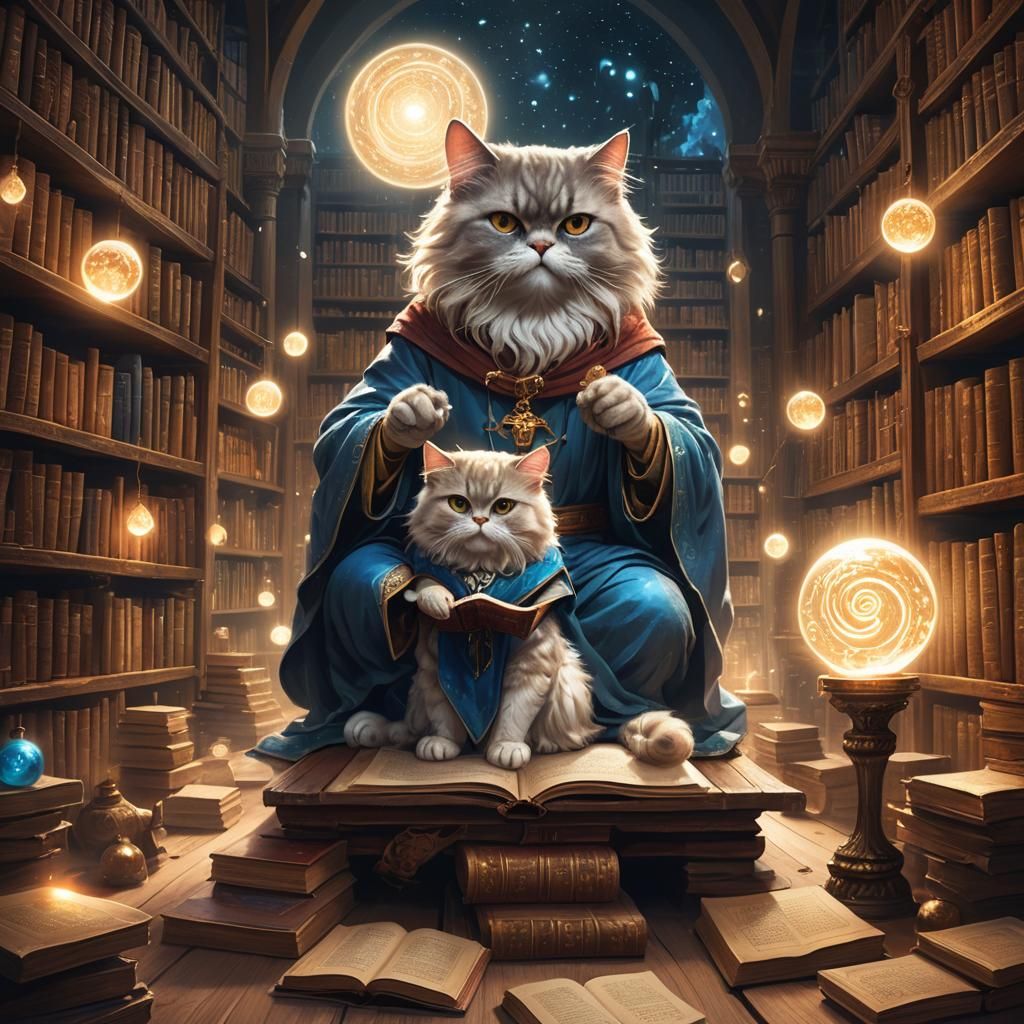 Persian Cat Wizard in Mystical Library, Digital Art