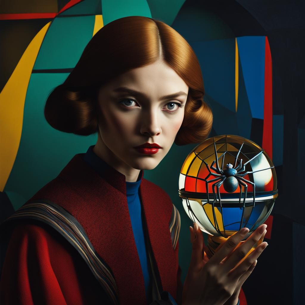 Woman with Spider Crystal Ball in Impasto Style