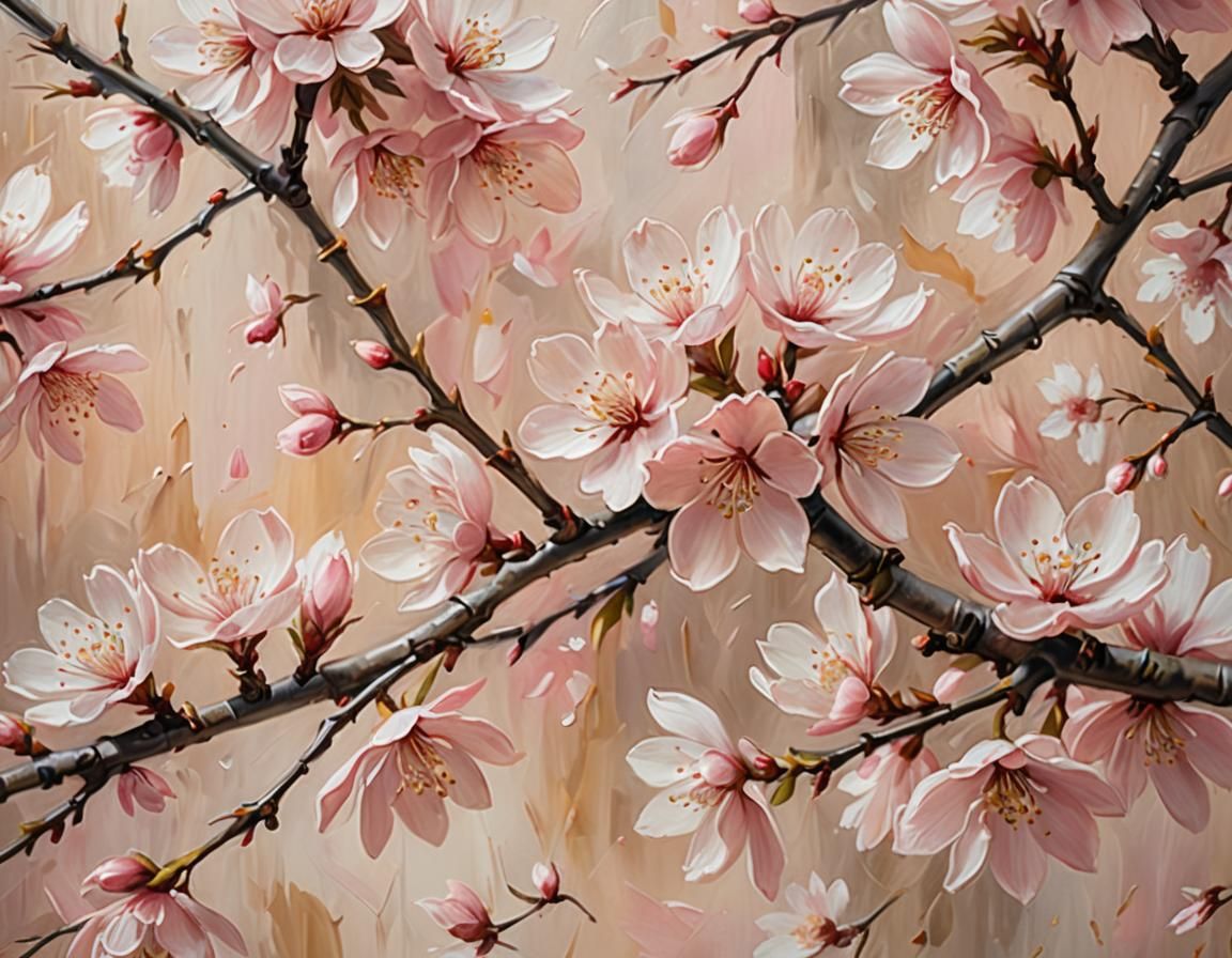 Macro Cherry Blossoms in Impressionist Oil Painting Style