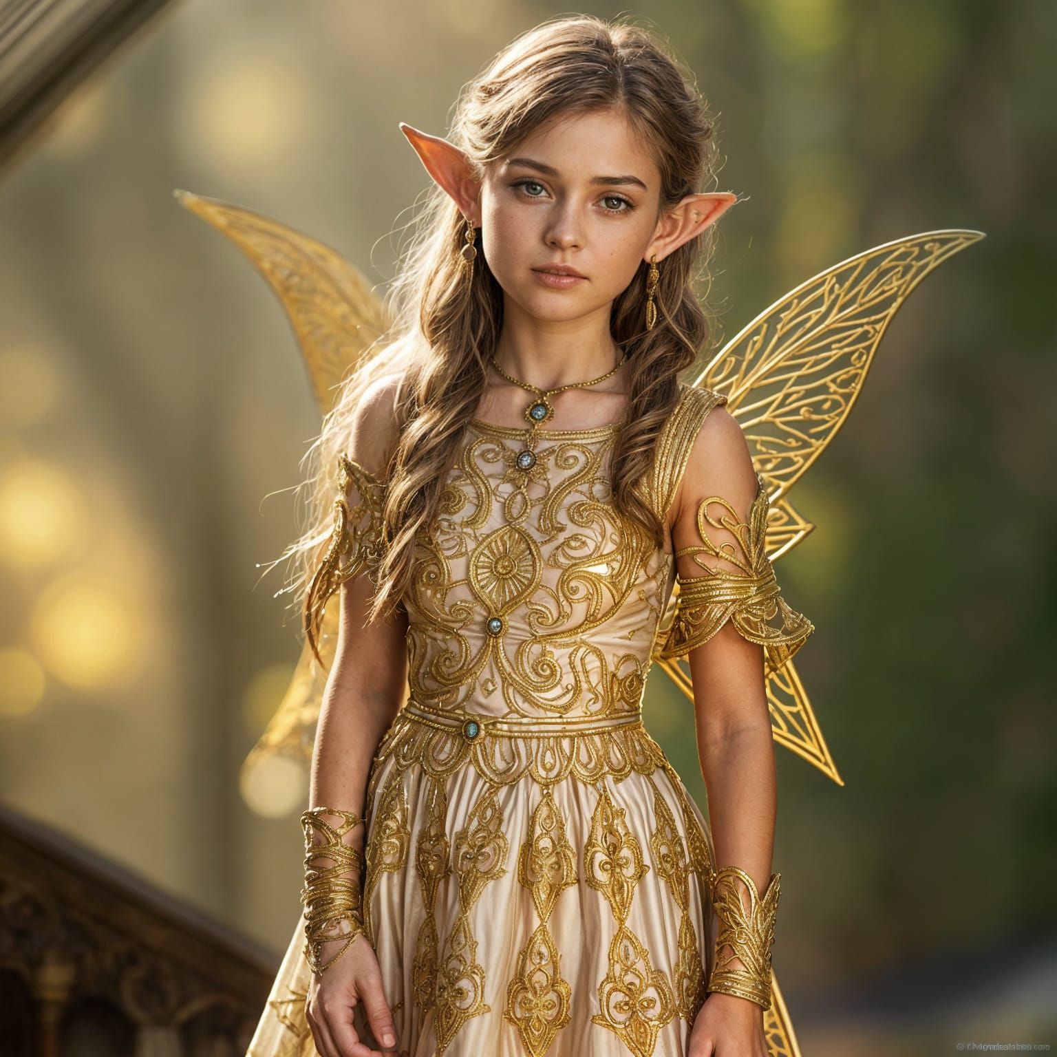 Beautiful Elf Girl in Gold, Hyperrealistic Style