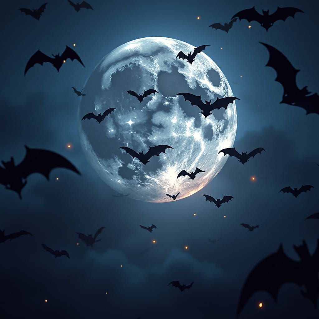 Moon Shrouded in a Swarm of Bats in a Dreamlike Atmosphere