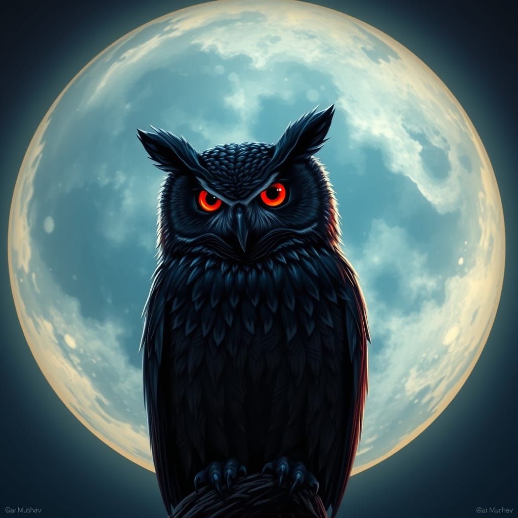 Moonlit Owl in Dark Blue and Red, Inspired by El Bosco and A...