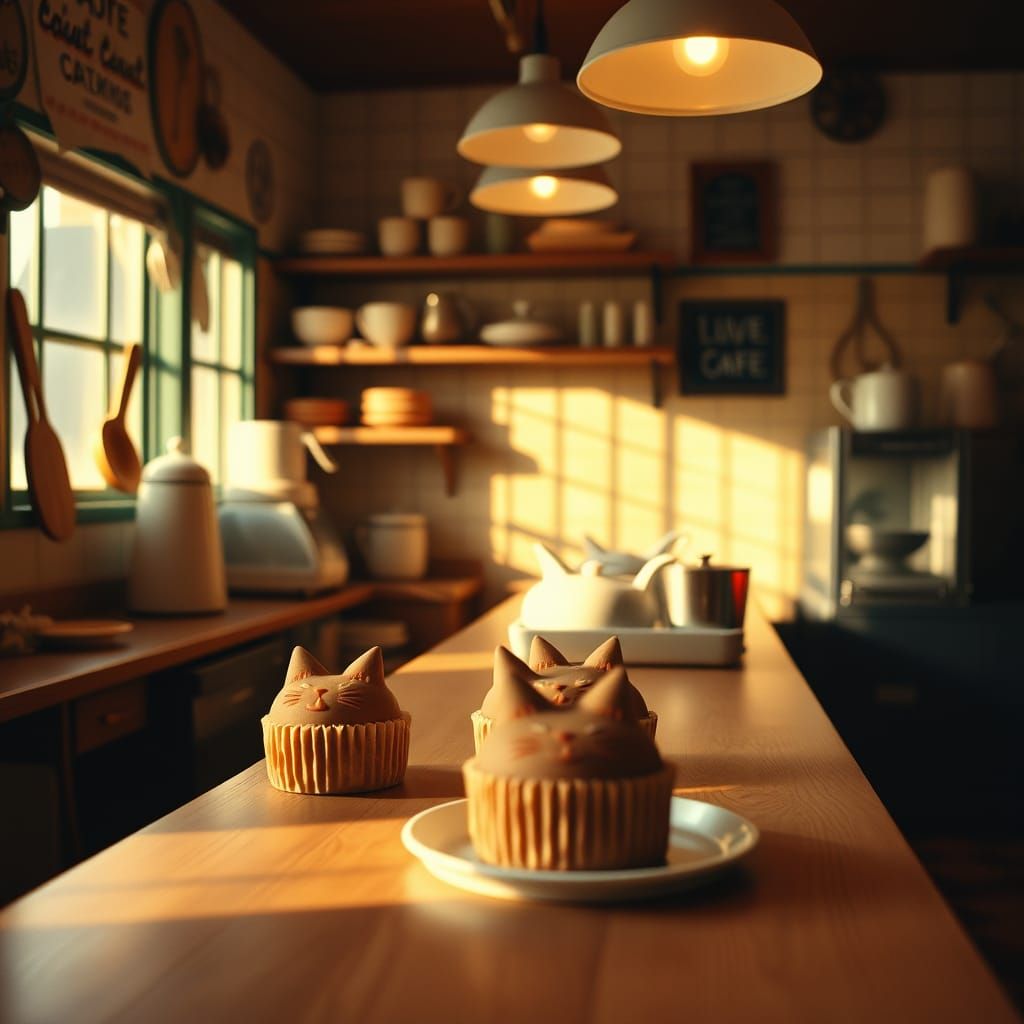 Whimsical Cafe Scene with Cat-Shaped Treats in Cinematic Sty...