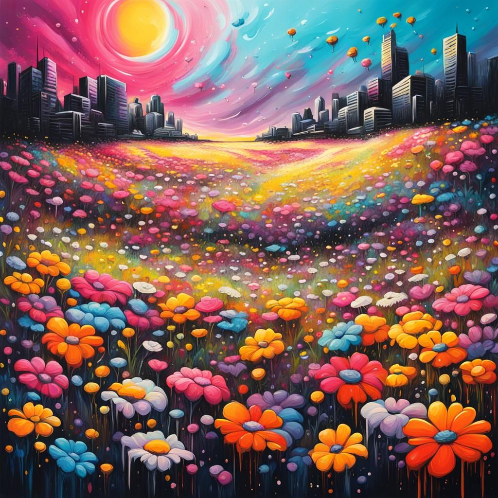 Colorful Flower Field on the Moon as Graffiti Art