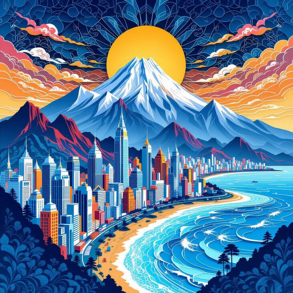 Futuristic Kirigami Cityscape with Mountains