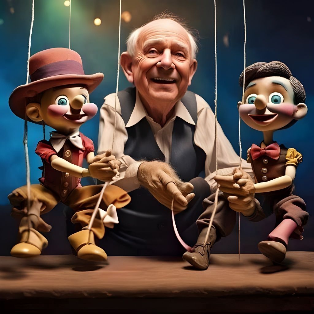 Enchanted Puppeteer with Marionettes in Pastel Colors