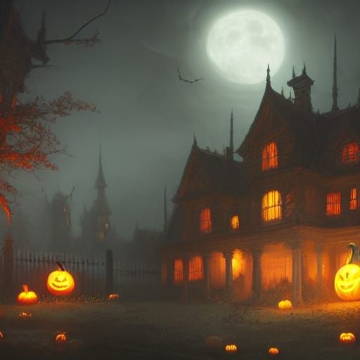 Spooky Halloween House with Killer Pumpkin in Dark Fantasy S...