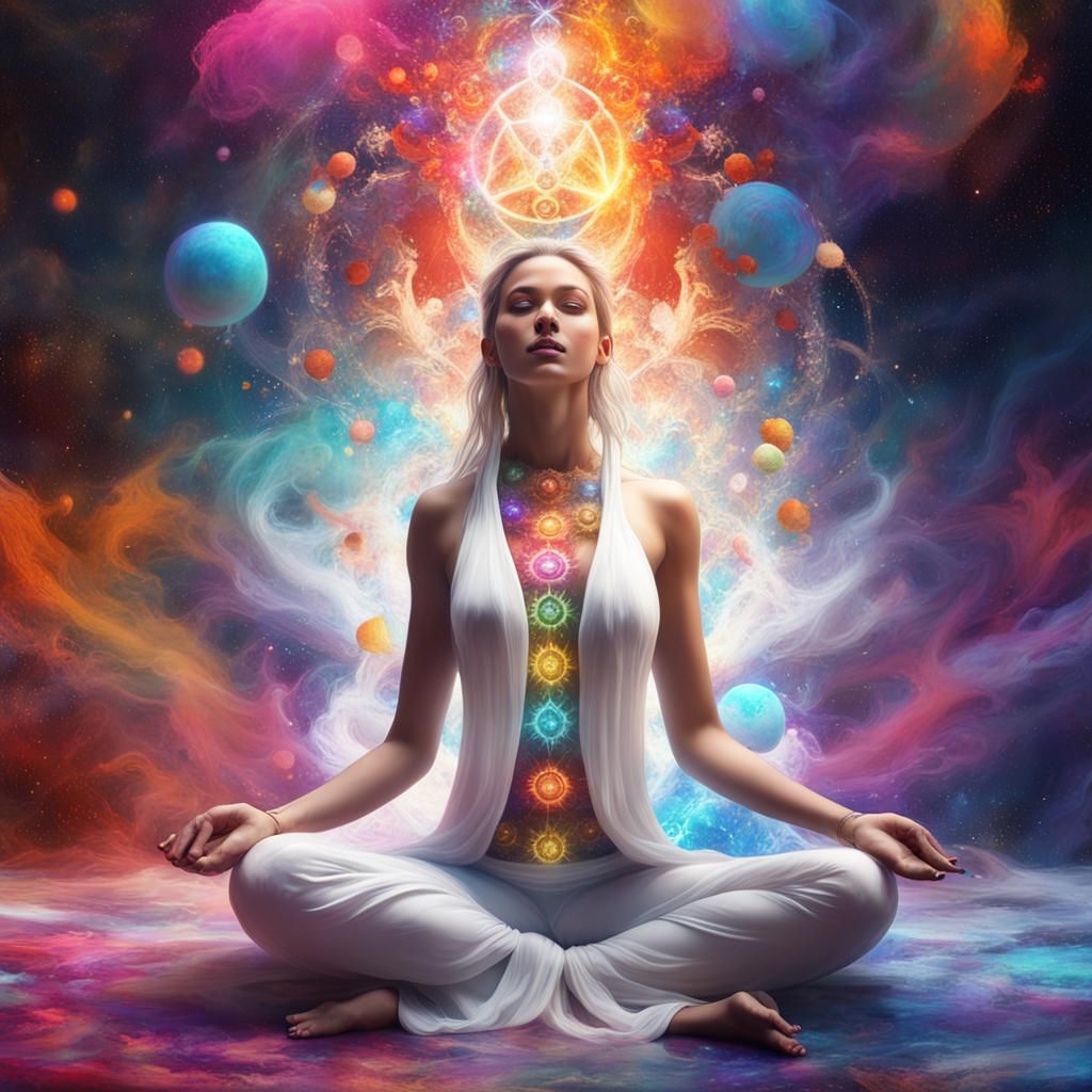 Goddess Meditation in Galaxy with Colorful Graffiti Art