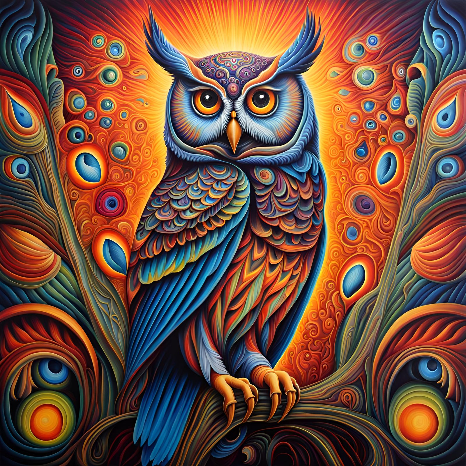 Psychedelic Owl Painting in Visionary Style