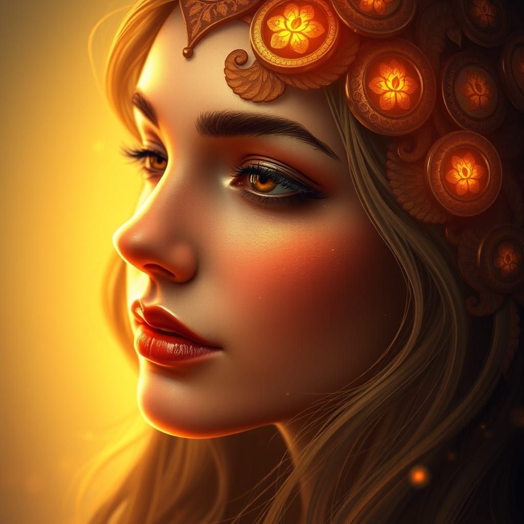 Golden Glow Illuminates the Gentle Face of a Woman in Art No...