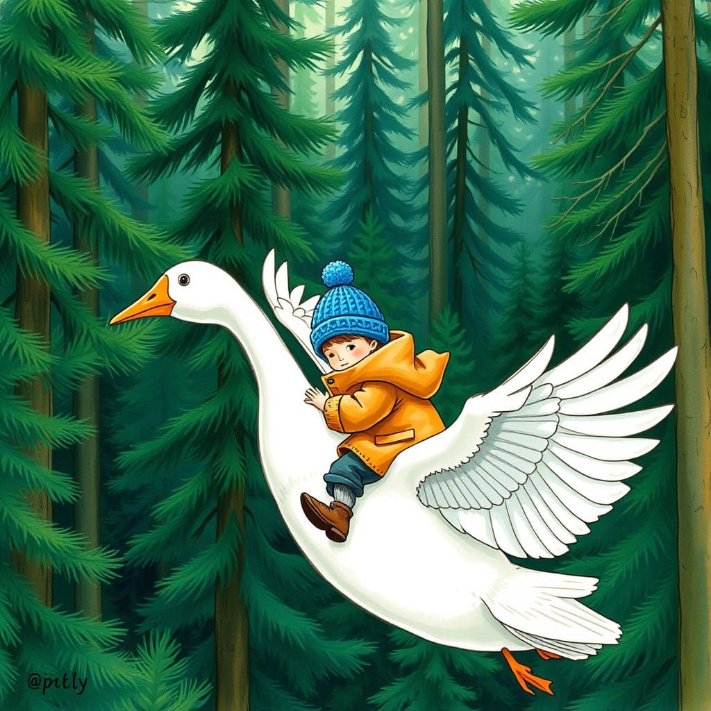 Nils Holgersson Soars Above the Emerald Forest in a Whimsica...