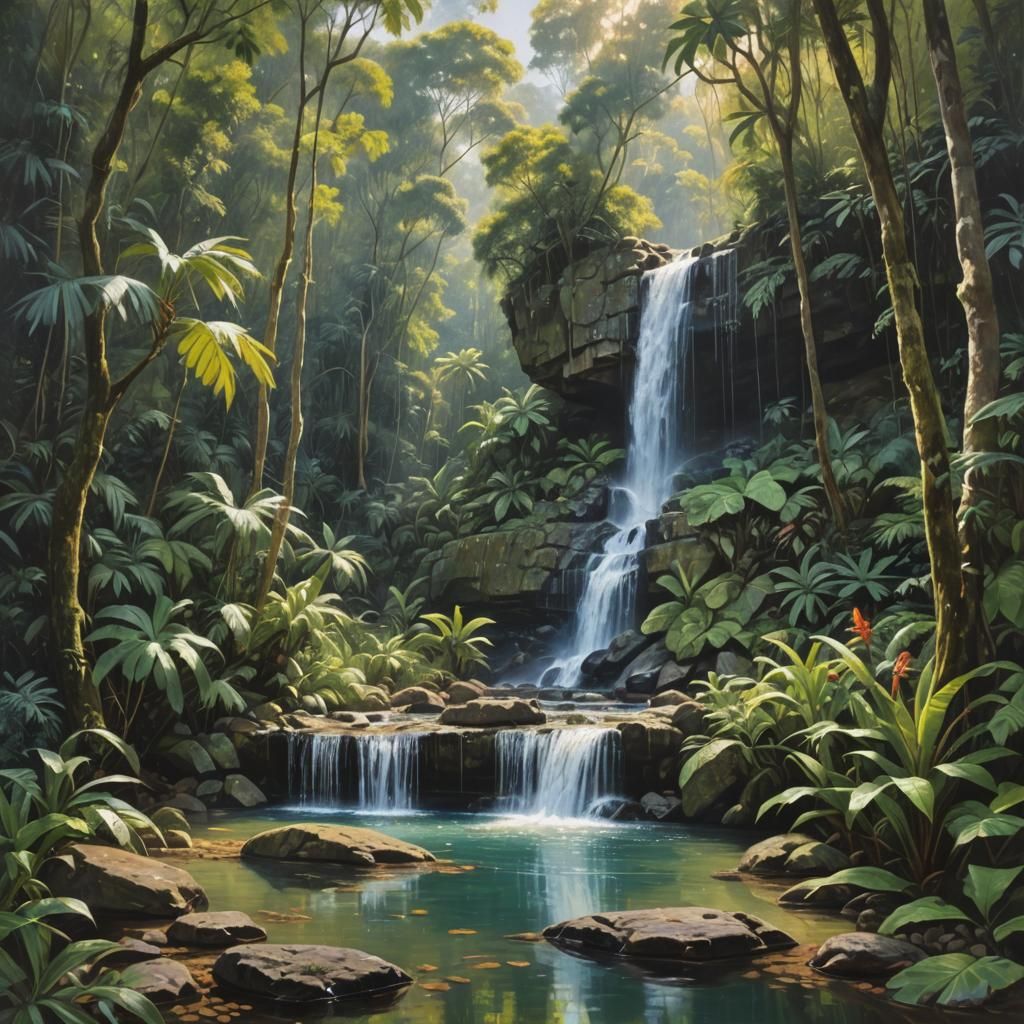 Lush Jungle Waterfall Oil Painting