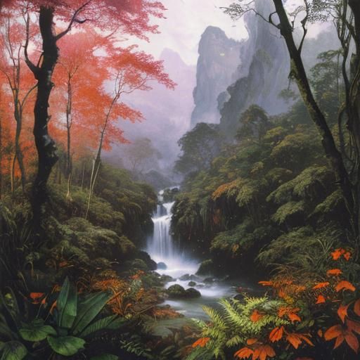 Fantasy Rainforest Landscape in Mixed Media Style