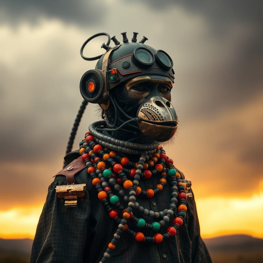 Afrofuturistic Masai Cyborg Monkey in Golden Hour