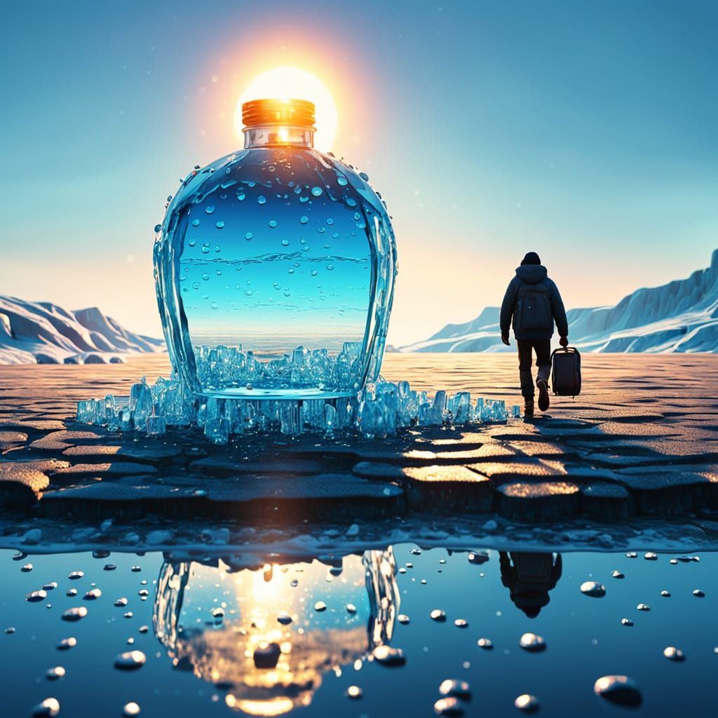 Surreal Desert: Giant Water Bottle in Digital Art