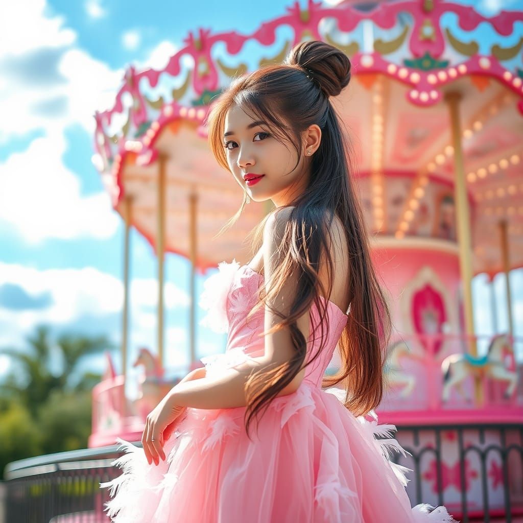 Chinese Girl Before Carousel in Dreamy Soft Focus