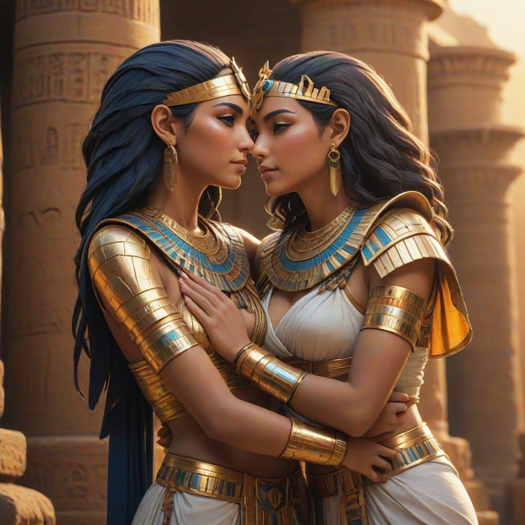 Ancient Egyptian Women Embrace in Anime Style