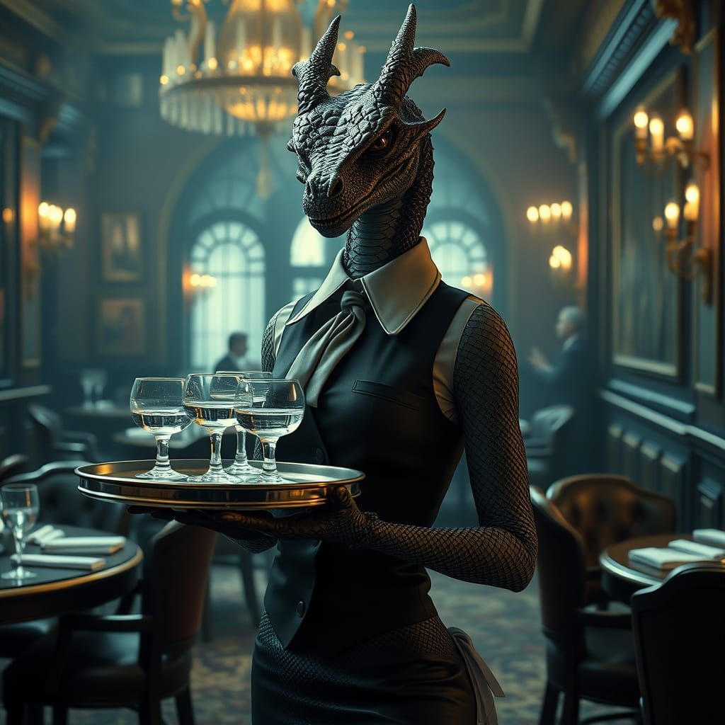 Dragonborn Waitress in Lavish Victorian Club, Hyperrealistic...