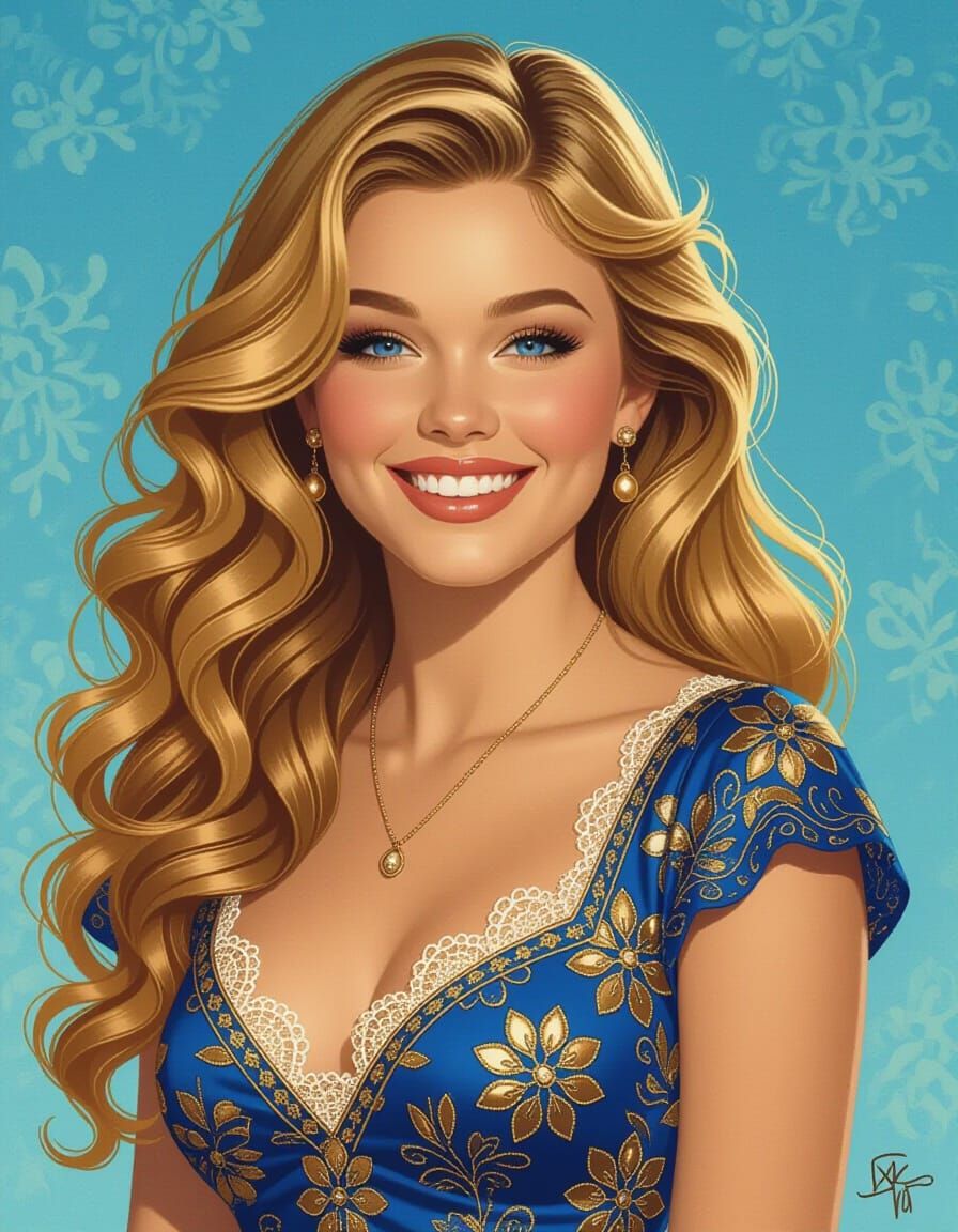 Smiling Blonde Woman in Blue and Gold Dress