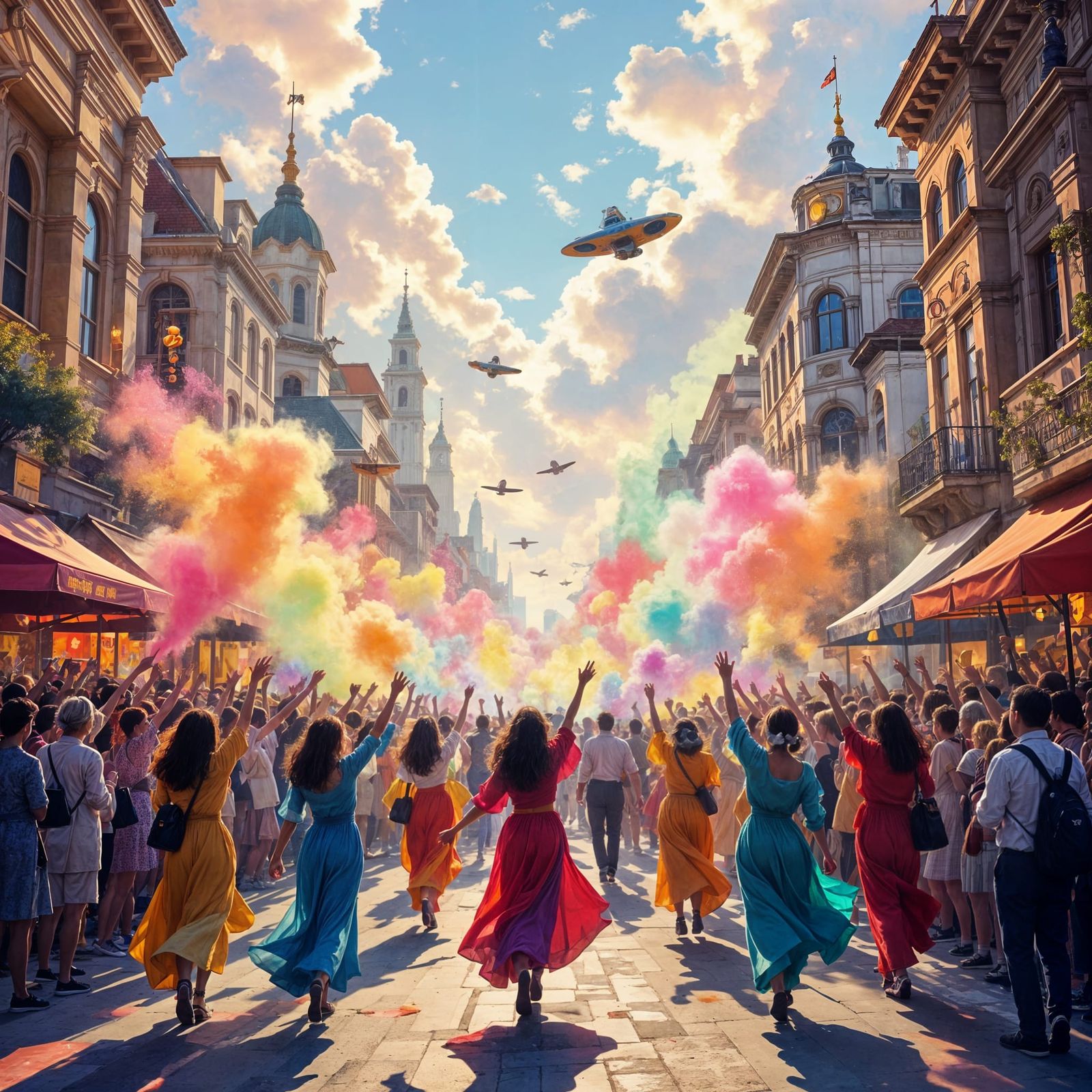 Chromatic Bloom Day Festival in Retro-Futuristic City