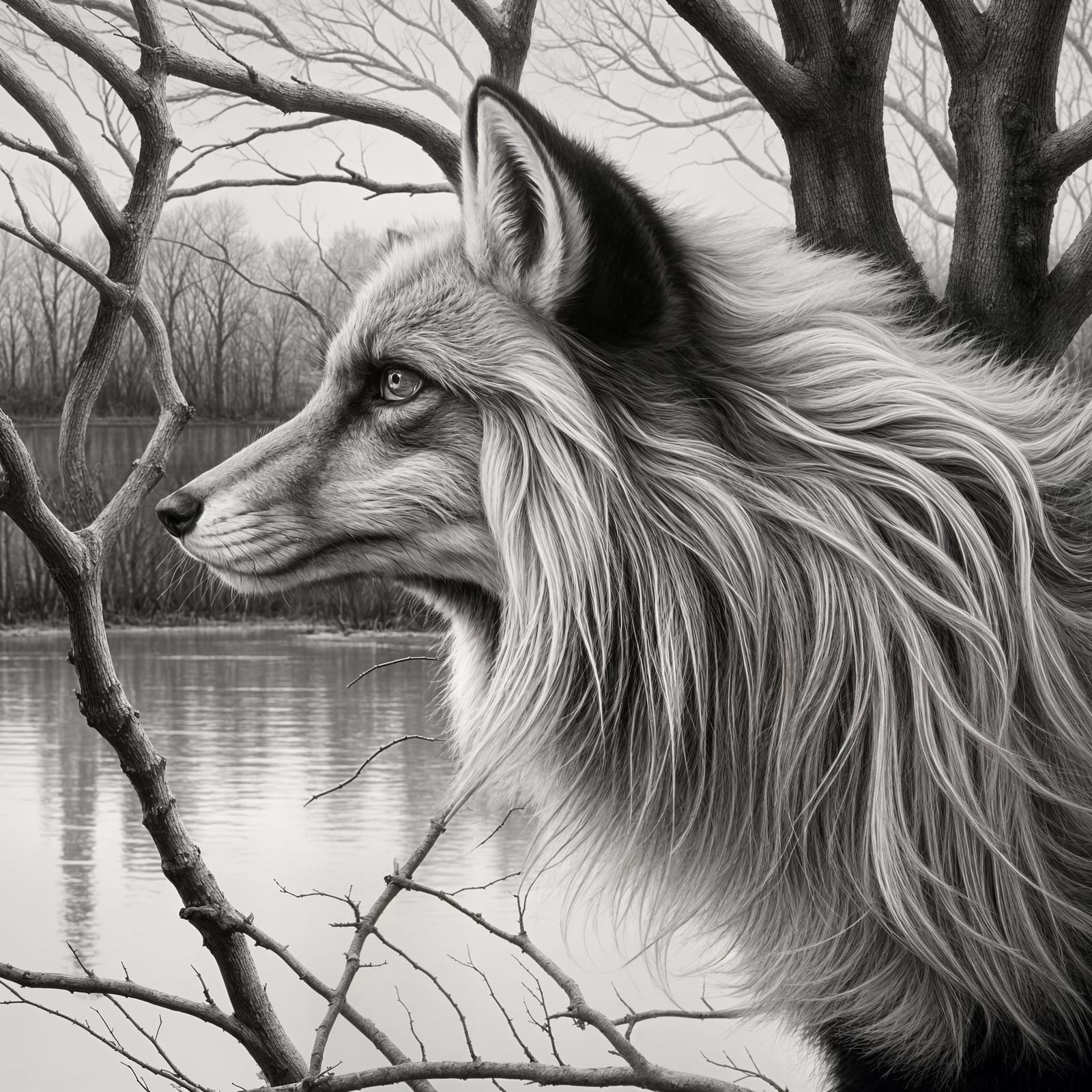 Monochromatic Long-Haired Fox Portrait
