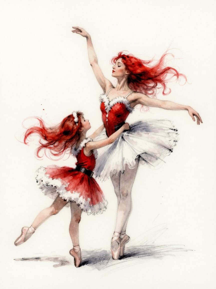 Ballerina Mother and Daughter in Santa Outfits