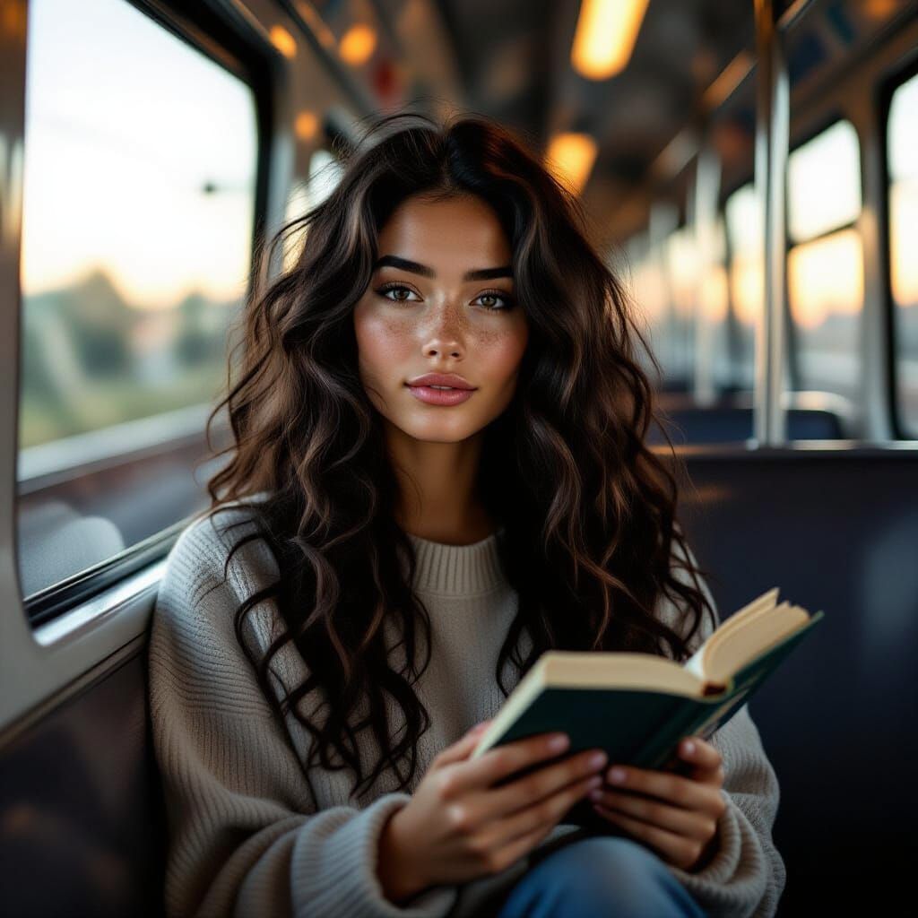 Relatable Young Woman Reading on Train During Golden Hour