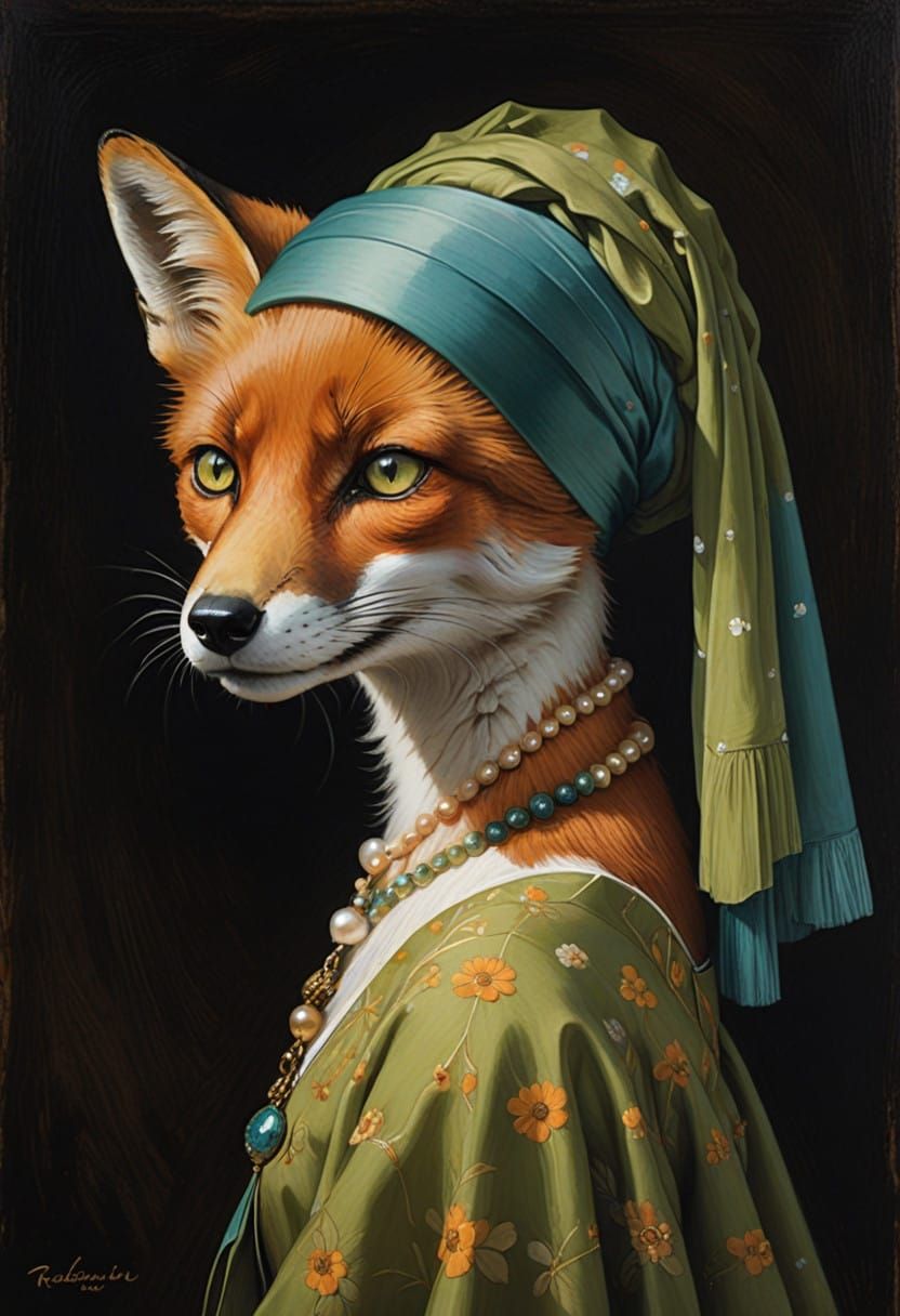 Whimsical Fox Portrait in Elegant Turban with Pearl Earring
