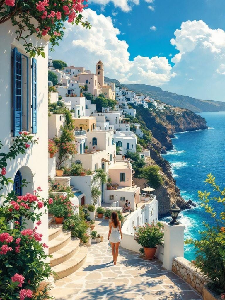 Sunlit Greek Village Promenade in Classical Realist Style