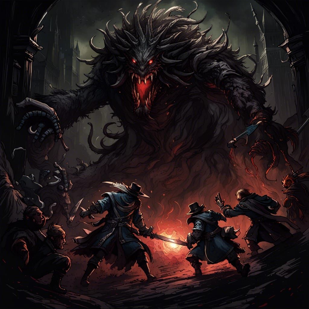 Fantasy Adventurers Battle Monster in Darkest Dungeon Style