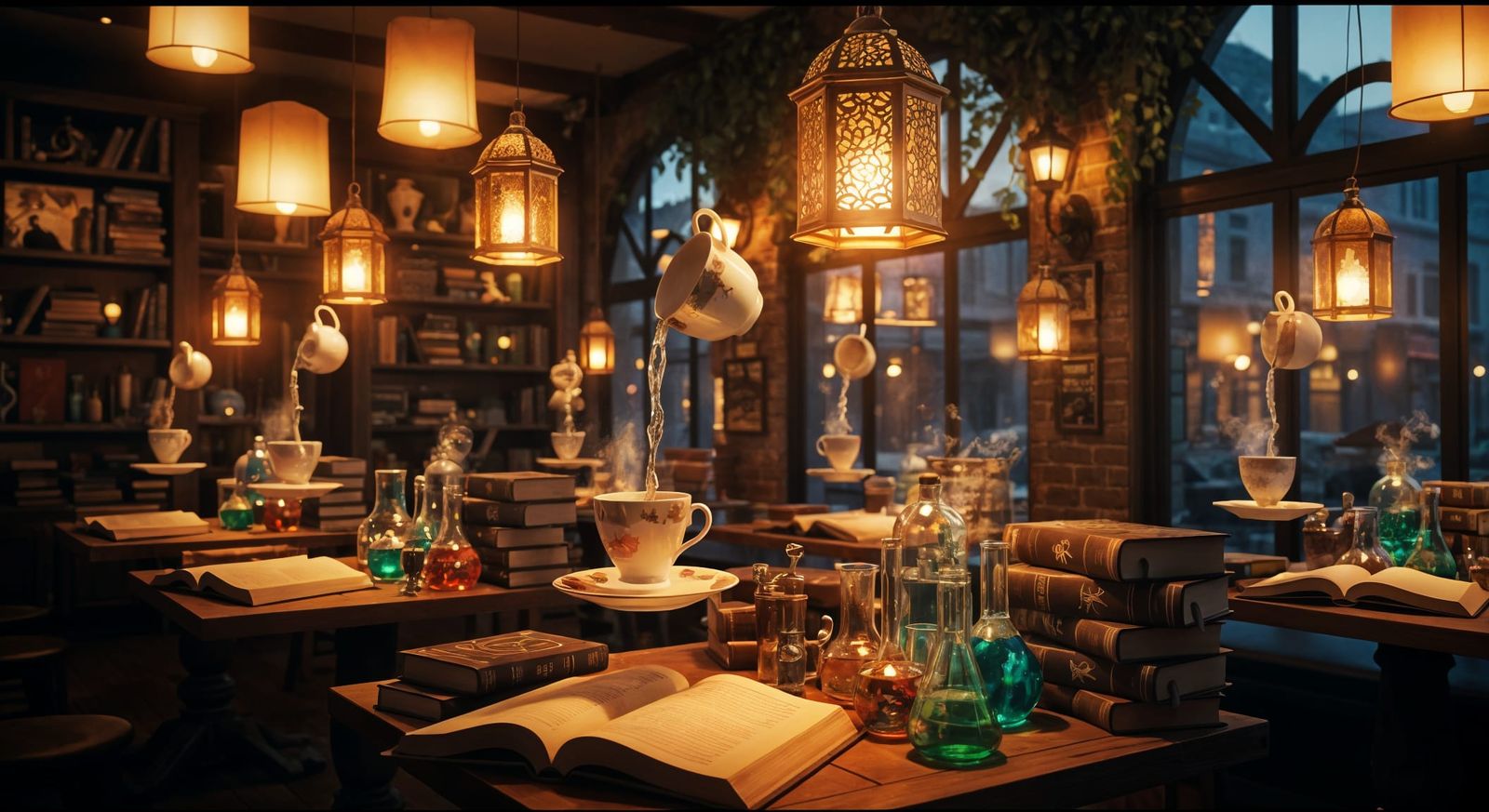 Magical Cafe with Floating Lanterns and Self-Pouring Cups