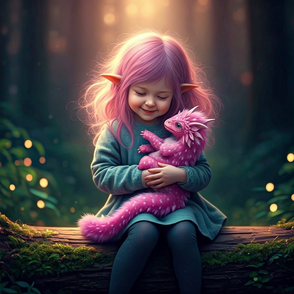 Fairy Girl with Dragon in Magical Forest