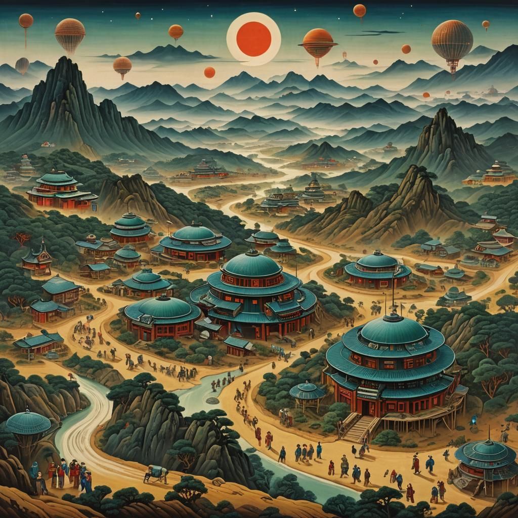 Sci-Fi Colony in Korean Folk Art Style