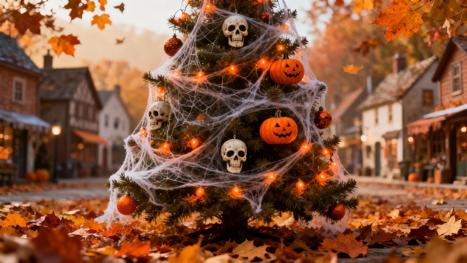 Spooky Halloween Christmas Tree in Autumn Village