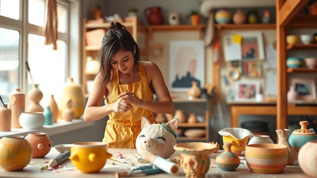 Sculptor Shaping Clay in a Playful Studio