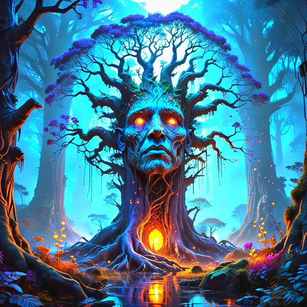 Surreal Forest: Ancient Tree with Bioluminescent Flora