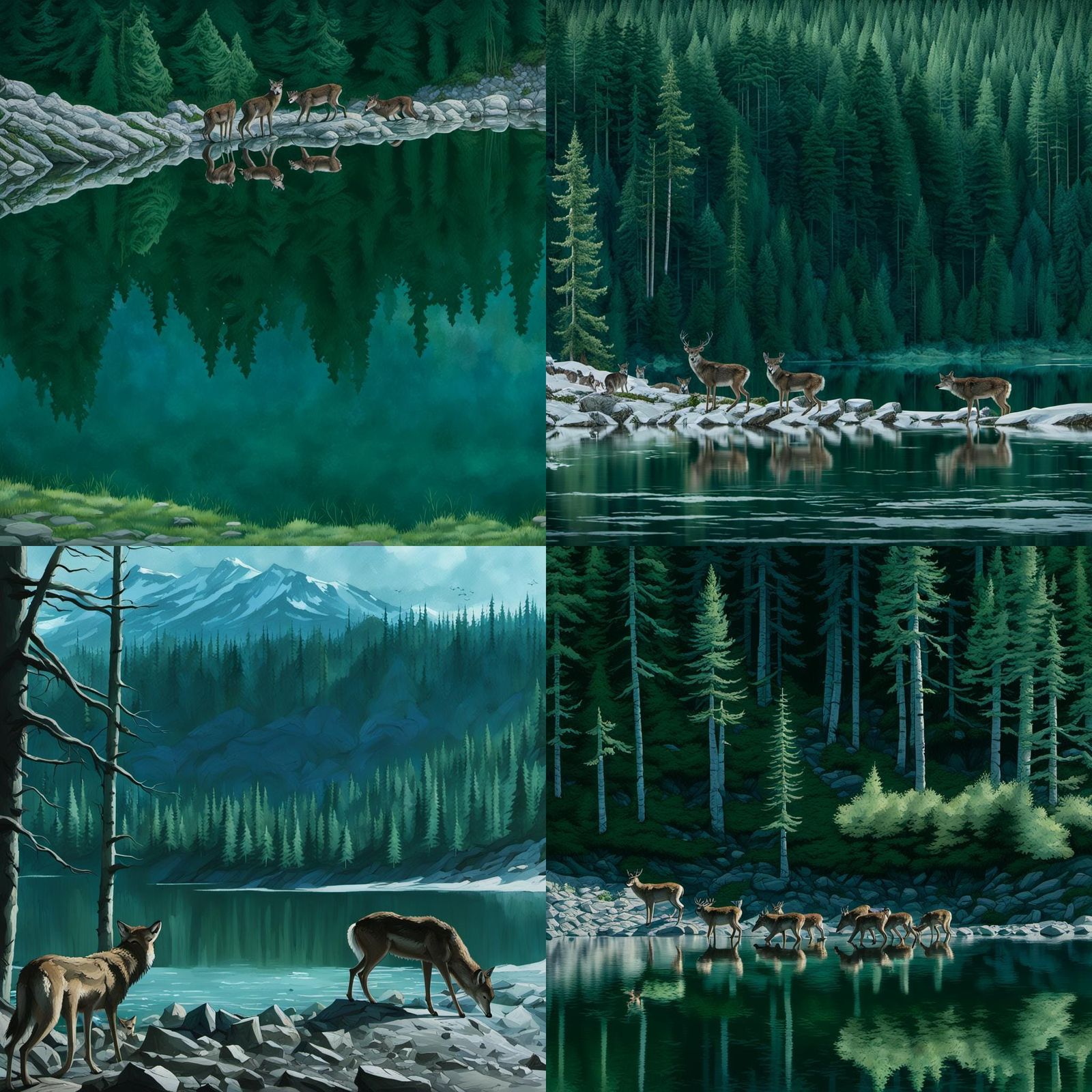 Spring Lake Scene with Deer and Wolves