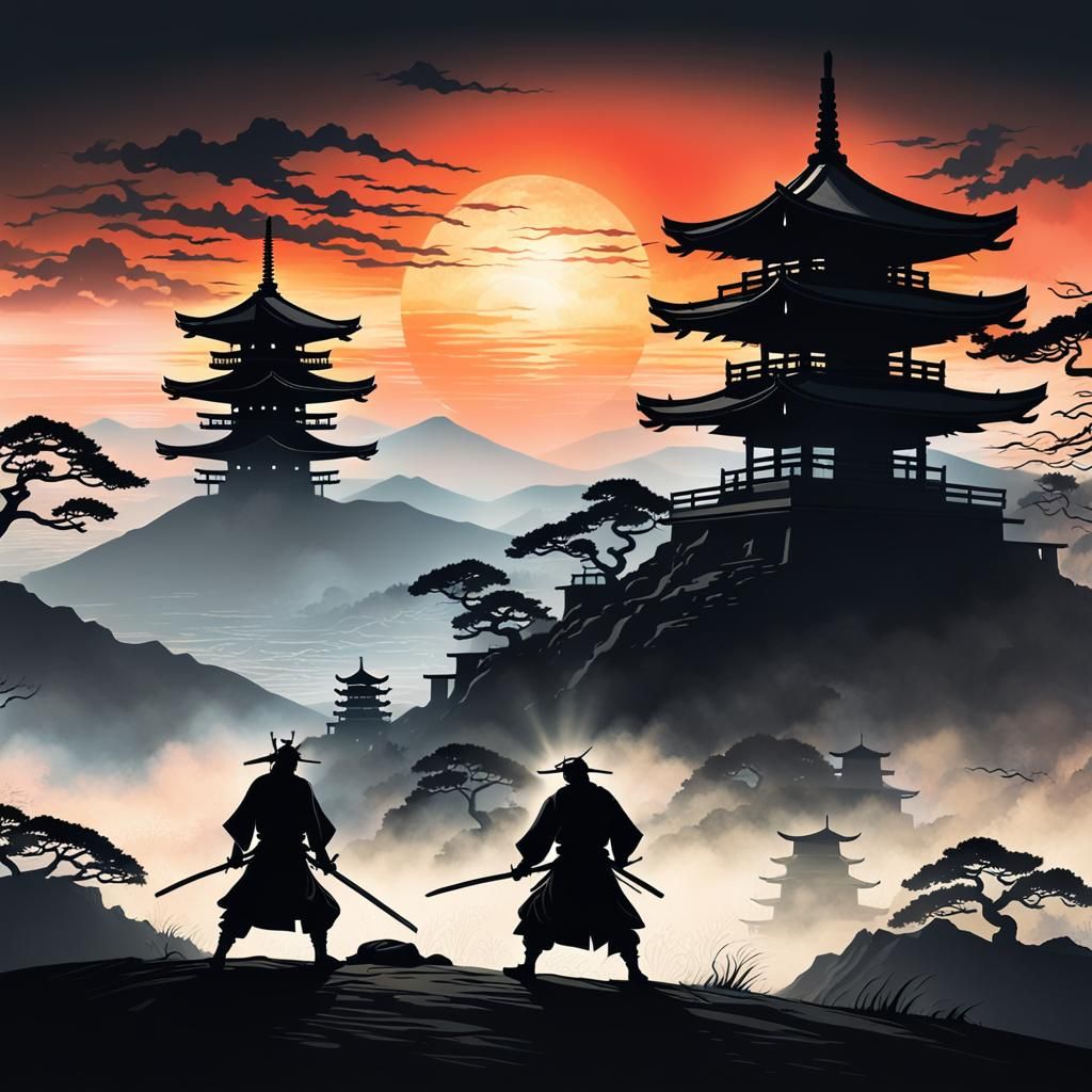 Samurai Duel at Sunset: Acrylic Matte Painting