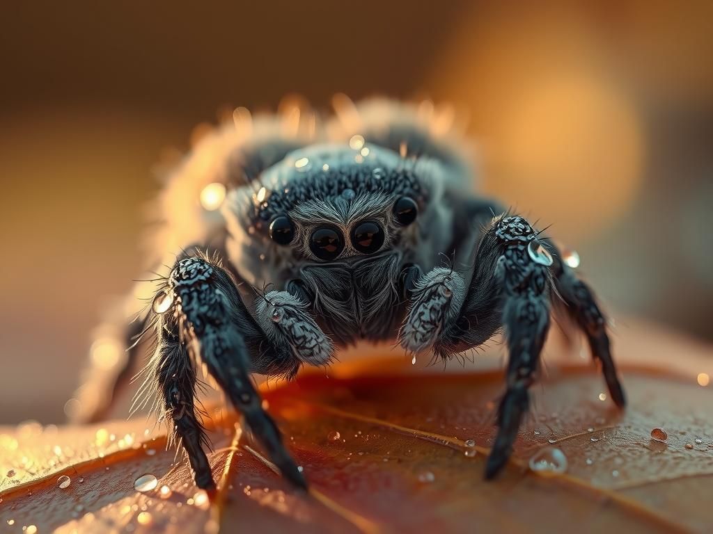 Cute Fluffy Spider with Dew Drops on Autumn Leaves
