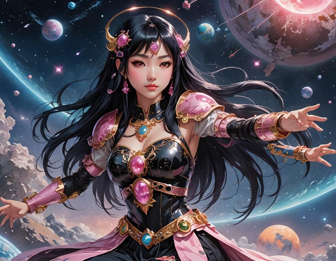 Gothic Anime Goddess Meditating in Space, 3D Art