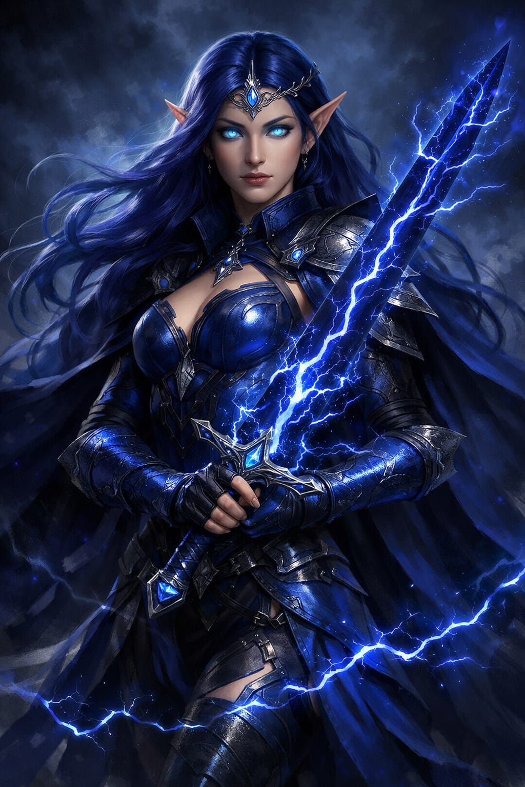 Indigo Elven Warrior Princess with Lightning Sword